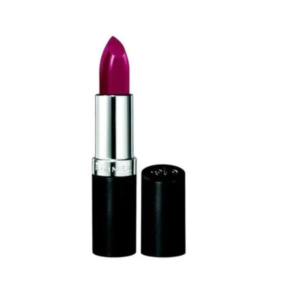 Refect Beauty Rimmel London Lasting Finish lipstick in a rich, vibrant magenta shade with a sleek black tube.