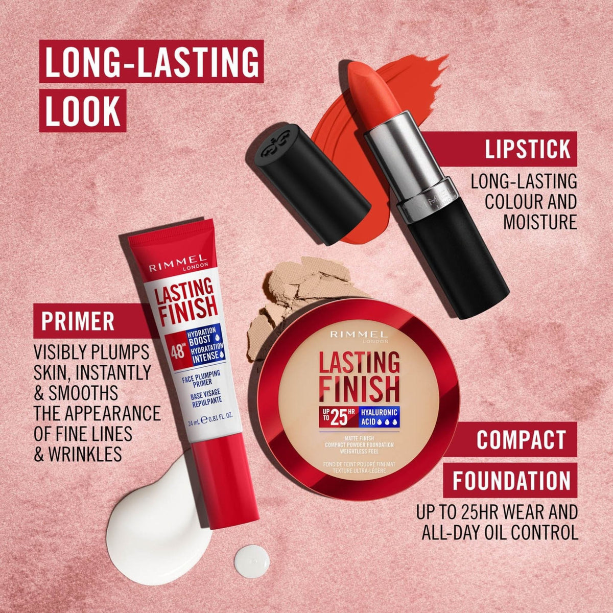 Refect Beauty Rimmel London makeup set featuring Lasting Finish lipstick, face primer, and compact powder foundation.