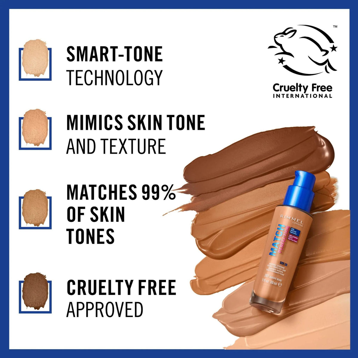 Refect Beauty Rimmel London Match Perfection Foundation bottle with liquid swatches showing various skin tones