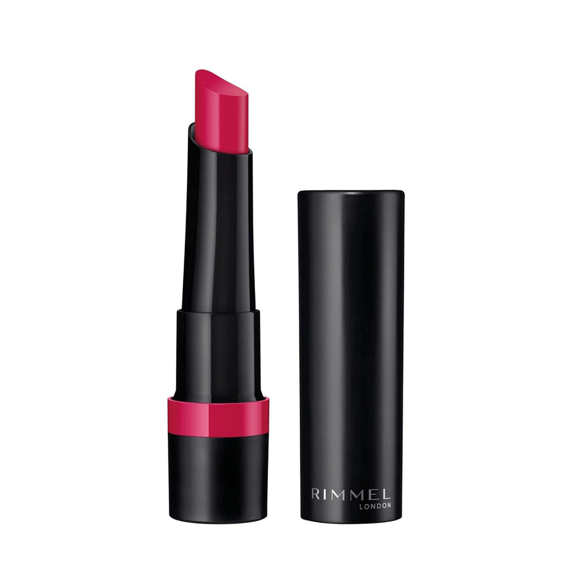 Refect Beauty Rimmel London Lasting Finish Matte Lipstick in a vibrant pink shade with a sleek black tube