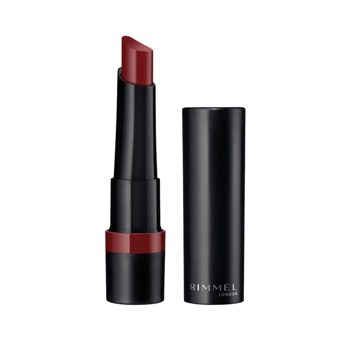 Refect Beauty Rimmel London Lasting Finish Matte Lipstick in a deep red shade with a sleek black tube