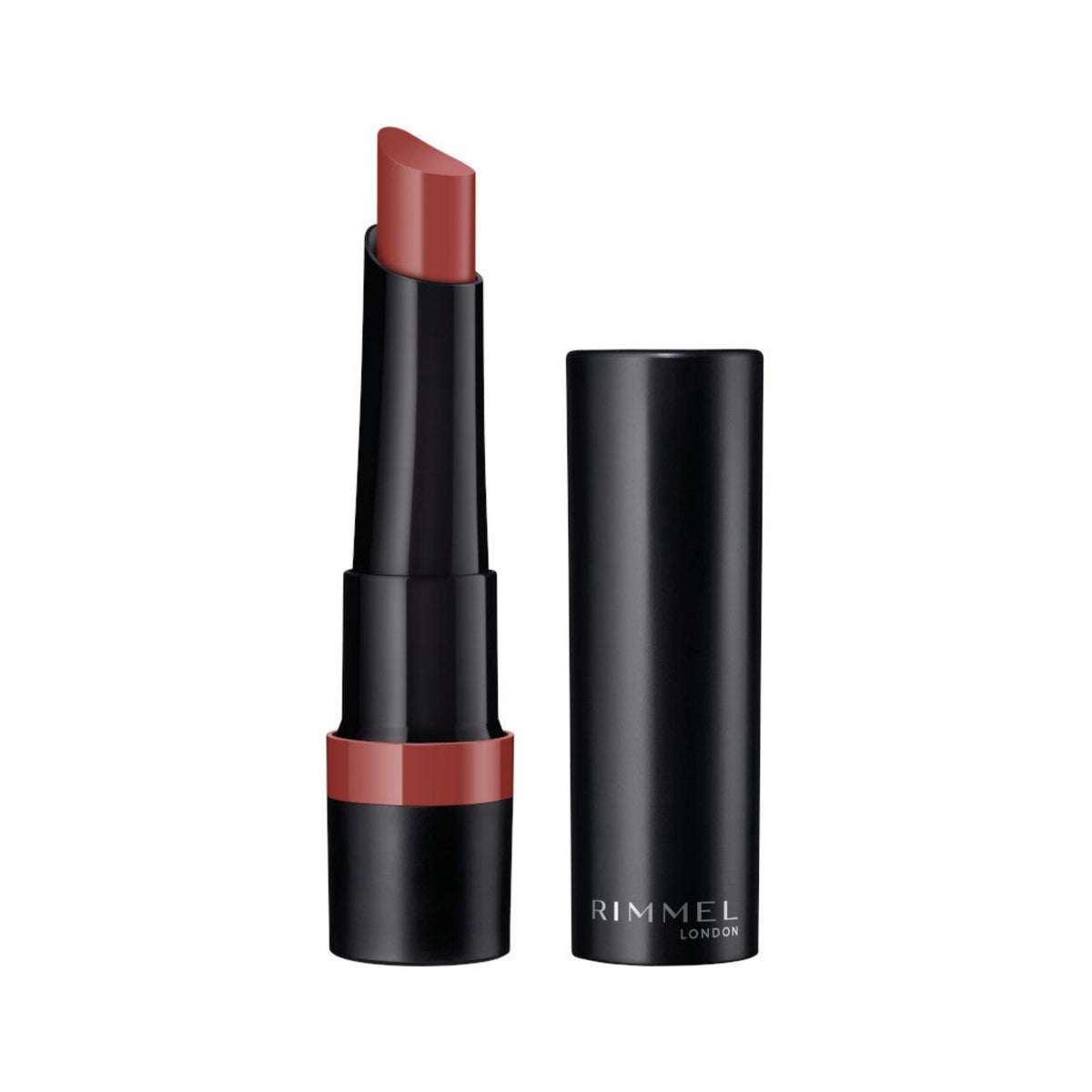 Refect Beauty Rimmel London Lasting Finish Matte Lipstick in a muted rose shade with a black tube and cap