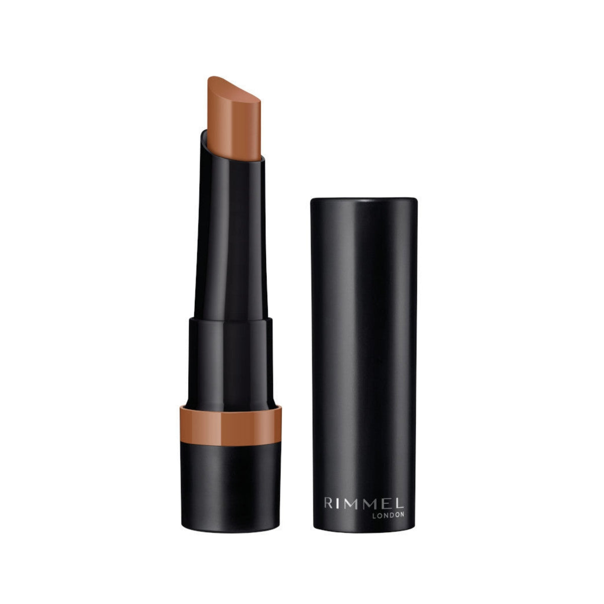 Refect Beauty Rimmel London Lasting Finish matte lipstick in a warm brown shade with a black tube packaging