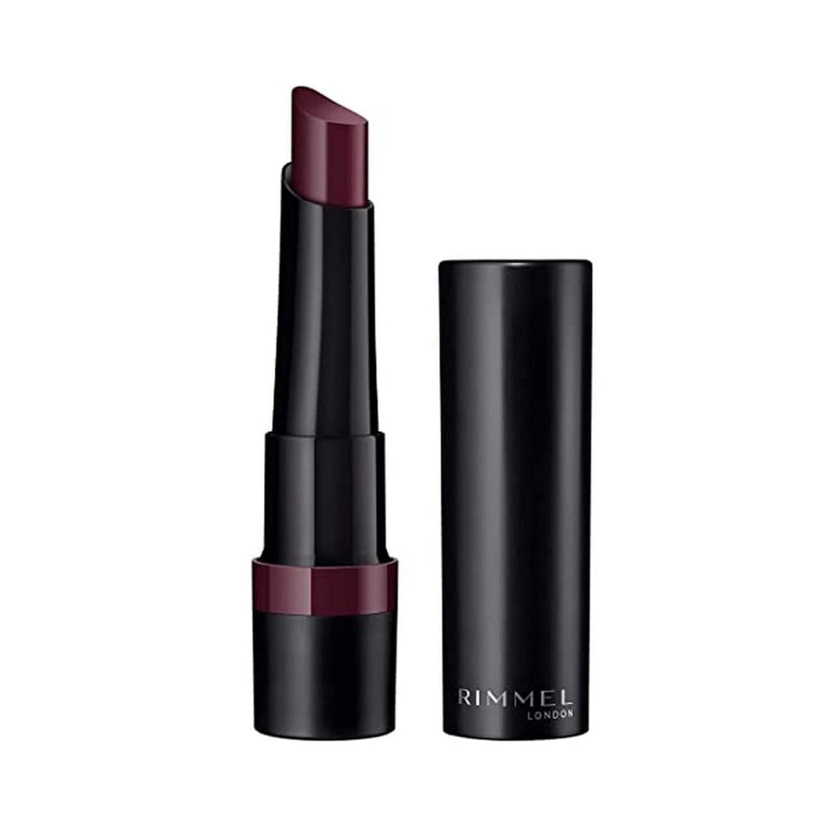Refect Beauty Rimmel London Lasting Finish Matte Lipstick in a deep plum shade with a sleek black tube and cap