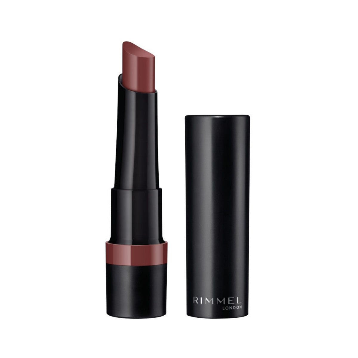 Refect Beauty Rimmel London Lasting Finish Matte Lipstick in a deep mauve shade with a sleek black tube and cap.