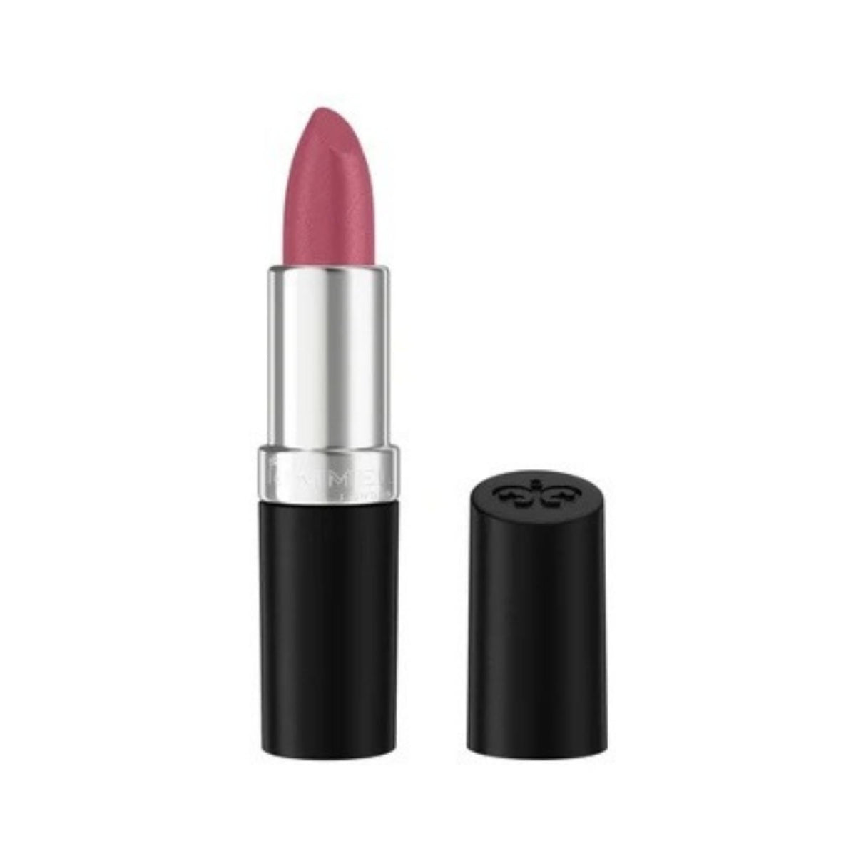 Refect Beauty Rimmel London Lasting Finish lipstick in a mauve pink shade with a sleek black and silver tube