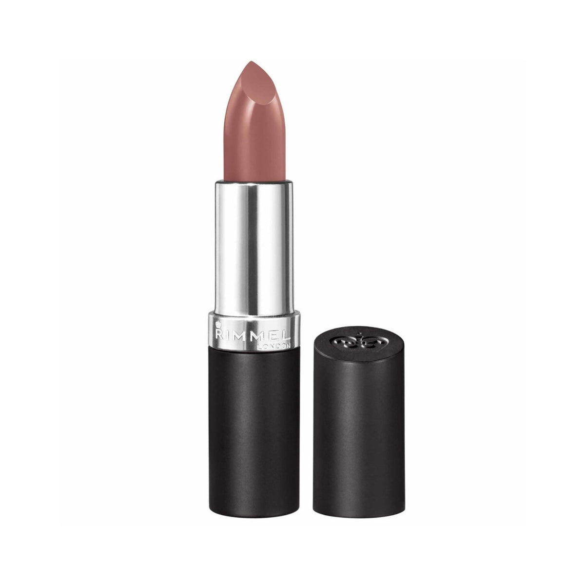 Refect Beauty Rimmel London Lasting Finish lipstick in a creamy nude shade with a black tube and silver base