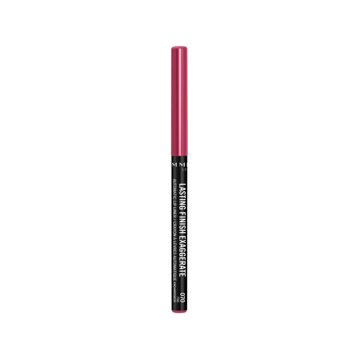Refect Beauty Rimmel London Lasting Finish Exaggerate automatic twist-up lip liner in a vibrant pink shade.