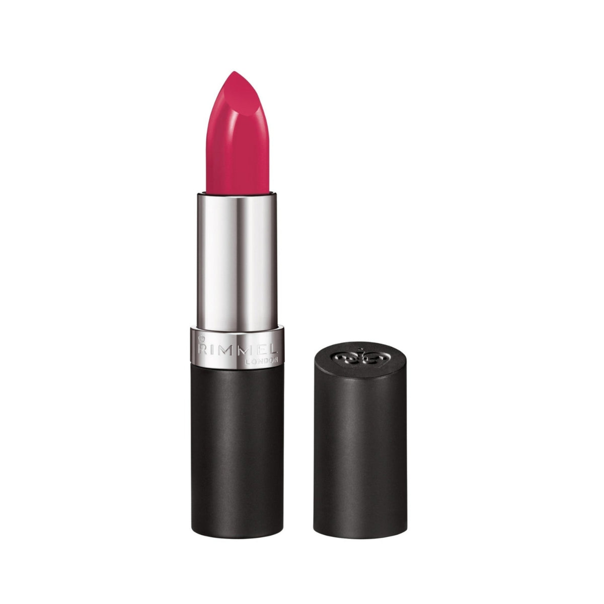 Refect Beauty Rimmel London Lasting Finish lipstick in a vibrant pink shade with a sleek black and silver tube