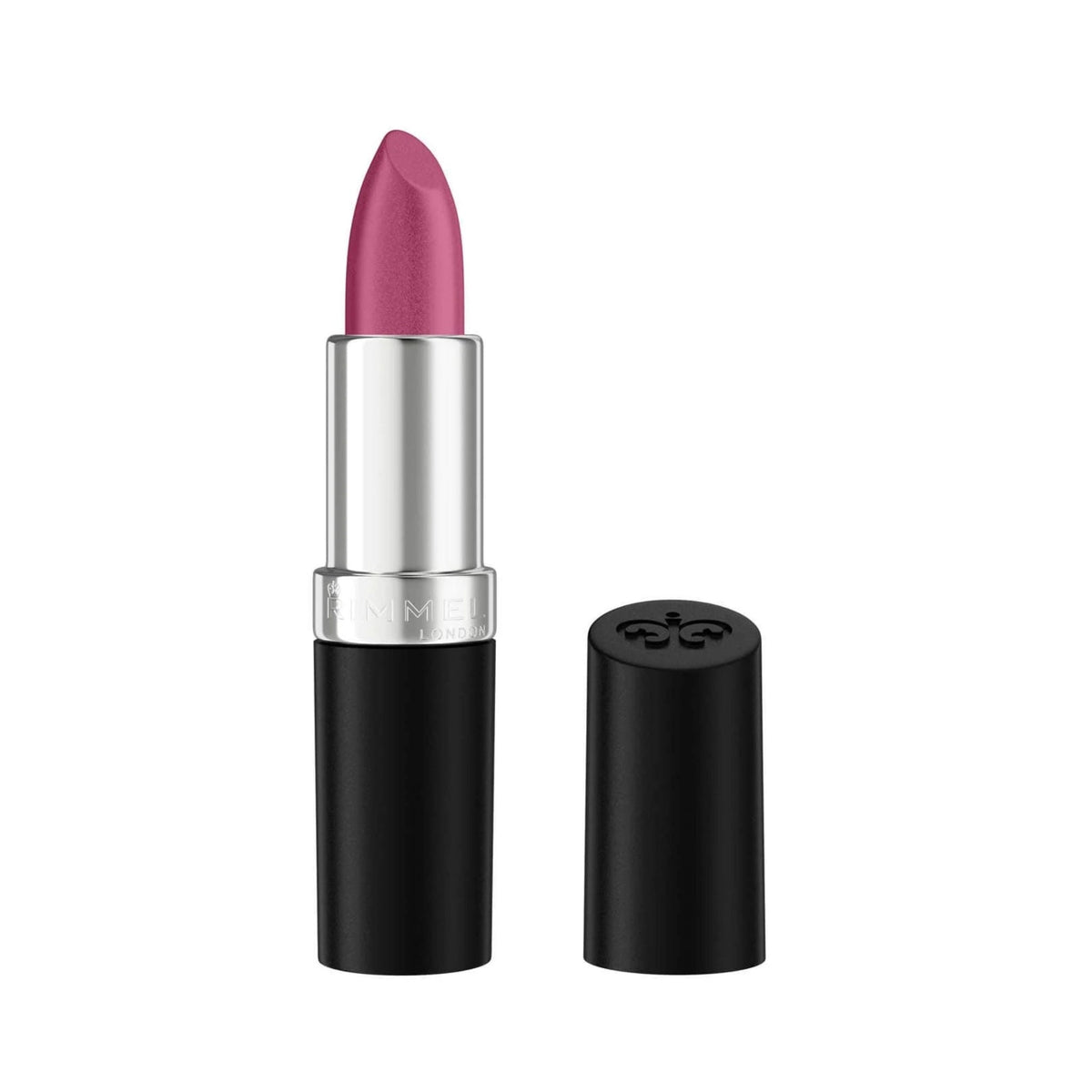 Refect Beauty Rimmel London Lasting Finish lipstick in a vibrant pink shade with a sleek black and silver tube