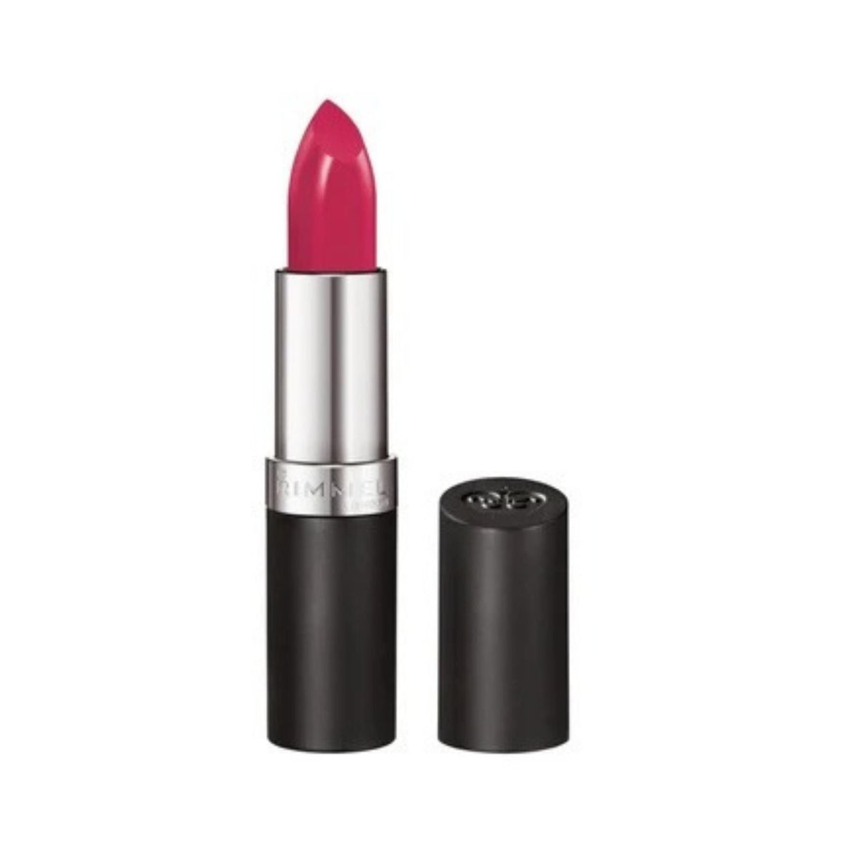 Refect Beauty Rimmel London Lasting Finish lipstick in a vibrant pink shade with a sleek black and silver tube