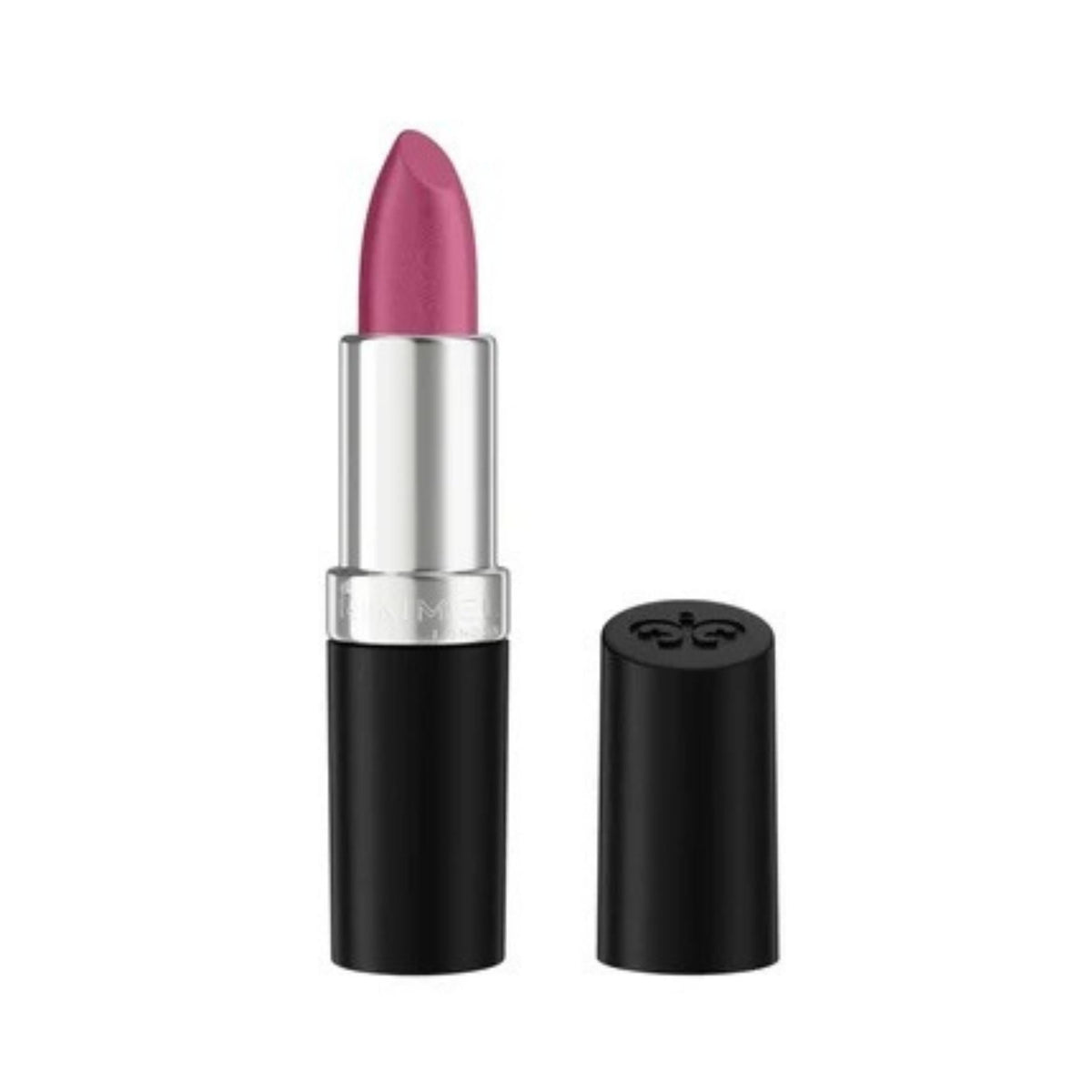 Refect Beauty Rimmel London Lasting Finish lipstick in a vibrant pink shade with a black and silver tube