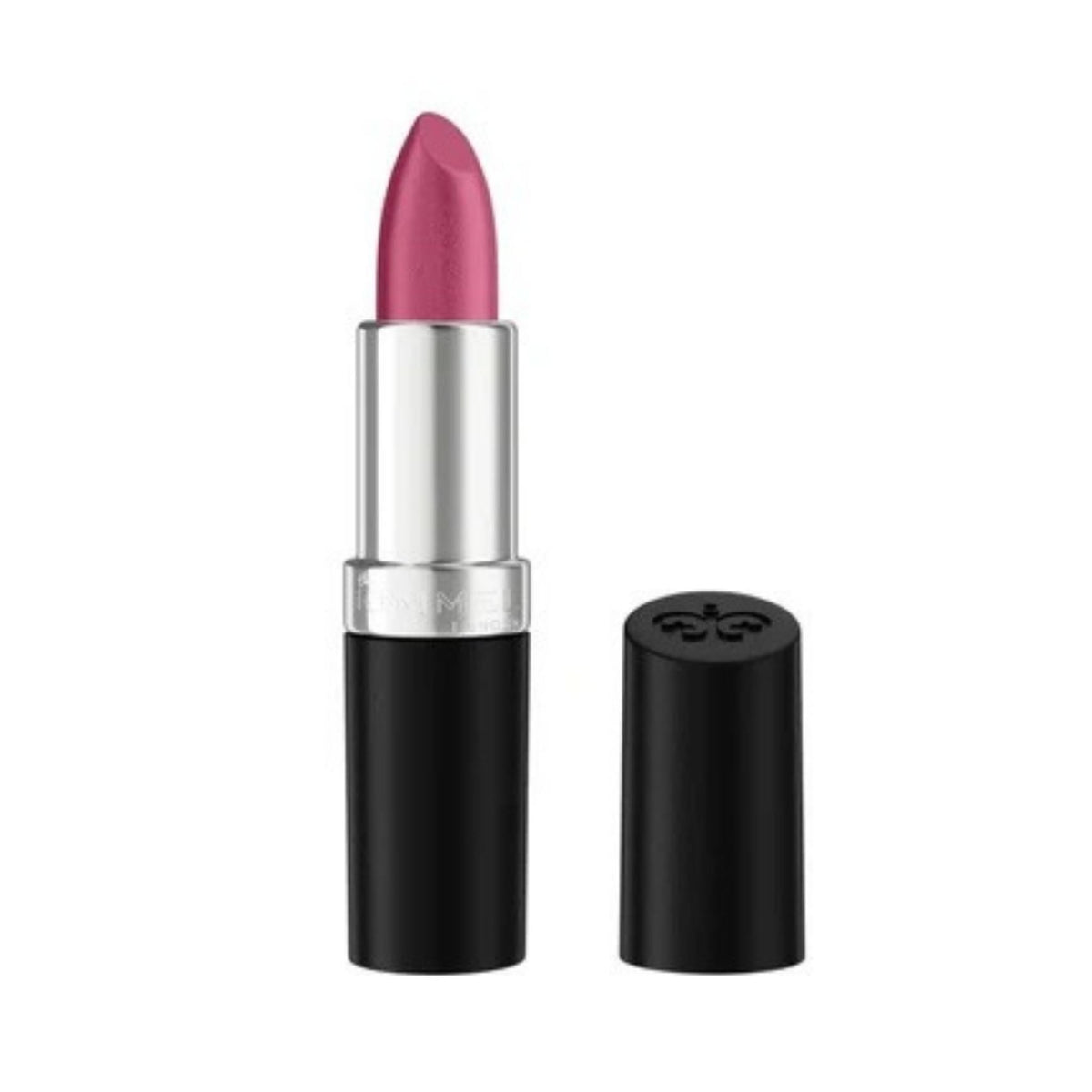 Refect Beauty Rimmel London Lasting Finish lipstick in a vibrant pink shade with a sleek black and silver tube.