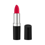 Refect Beauty Rimmel London Lasting Finish lipstick in a vibrant pink shade with a black tube and silver base