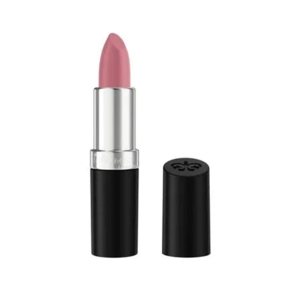 Refect Beauty Rimmel London Lasting Finish lipstick in a soft pink shade with a black tube and silver base.