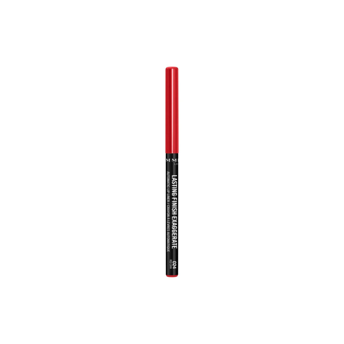 Refect Beauty Rimmel London Lasting Finish Exaggerate automatic red lip liner pencil for precise definition.