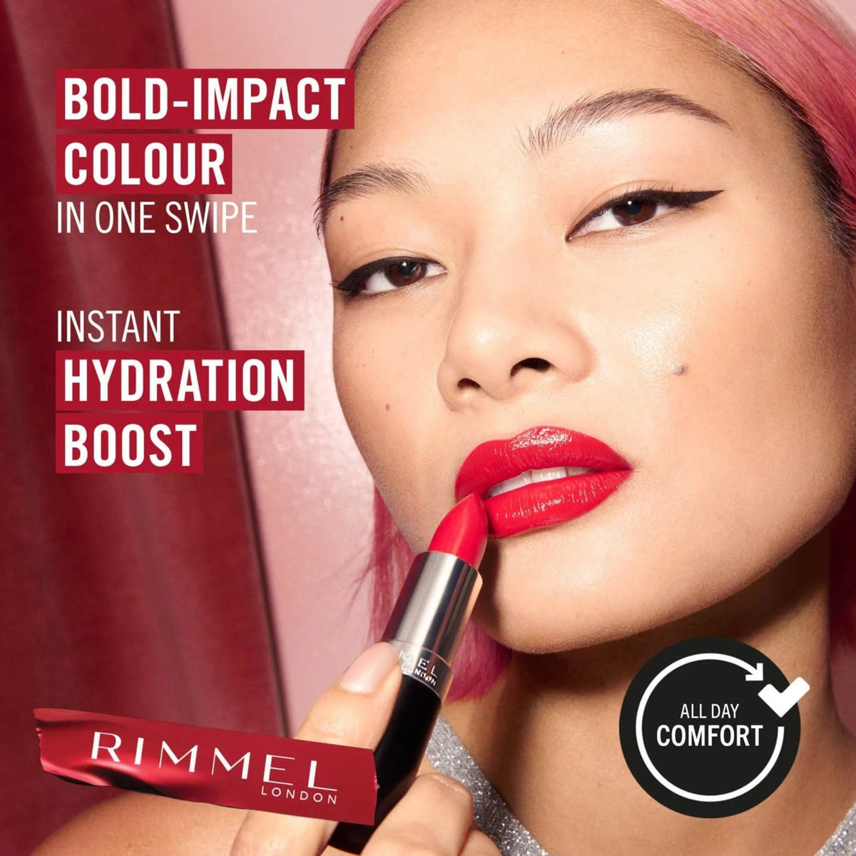 Refect Beauty Rimmel London Lasting Finish Lipstick in bold red on a model with pink hair and winged eyeliner