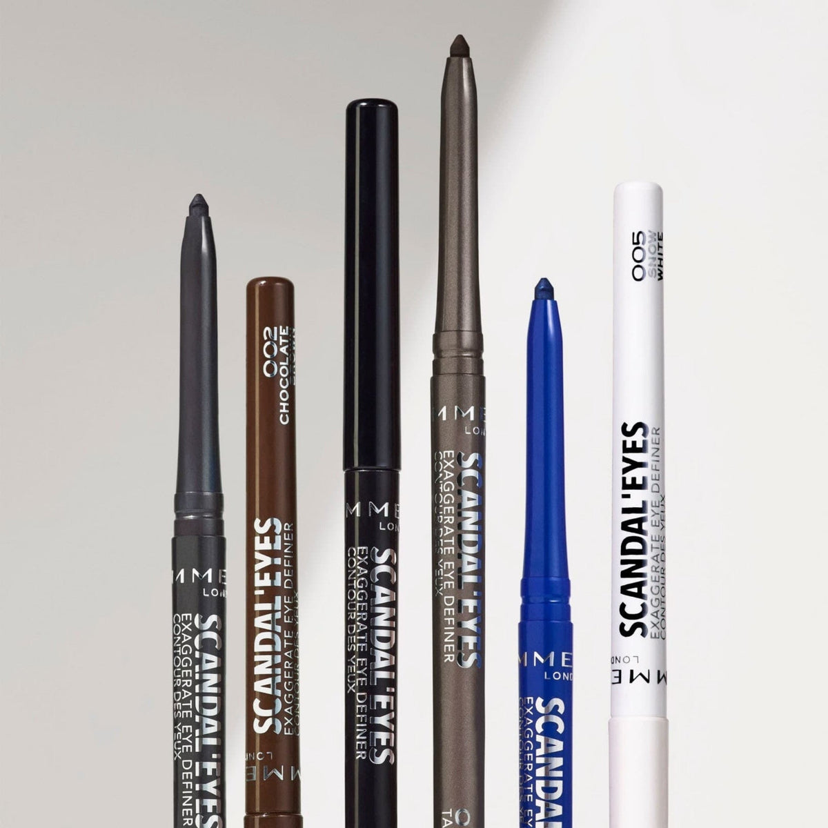 Refect Beauty Rimmel London Scandaleyes Exaggerate Eye Definer collection featuring various shades of waterproof liners.