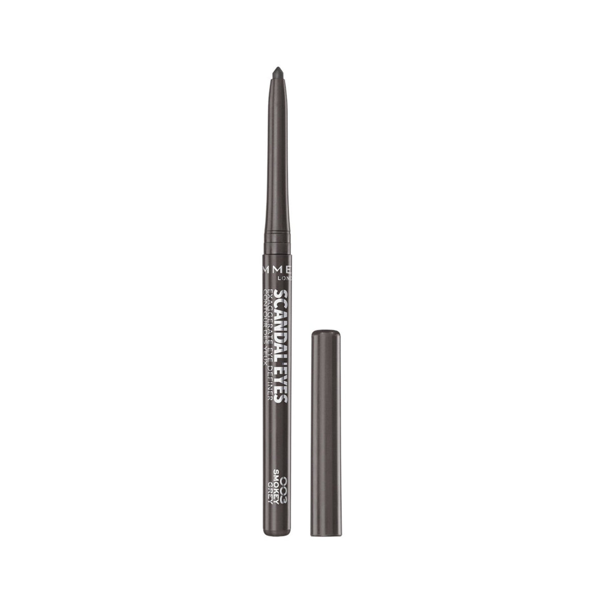 Refect Beauty Rimmel London Scandaleyes Exaggerate Eye Definer in Smokey Grey with a built-in smudger tip.