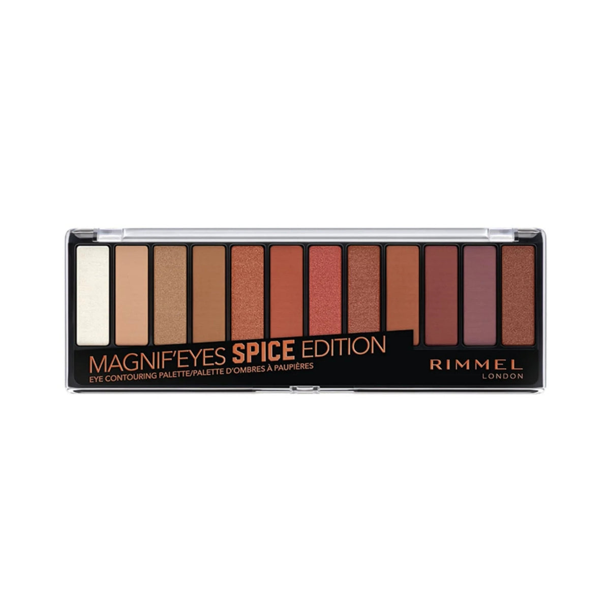 Refect Beauty Rimmel London Magnif'Eyes Spice Edition eyeshadow palette featuring warm orange and brown shades.