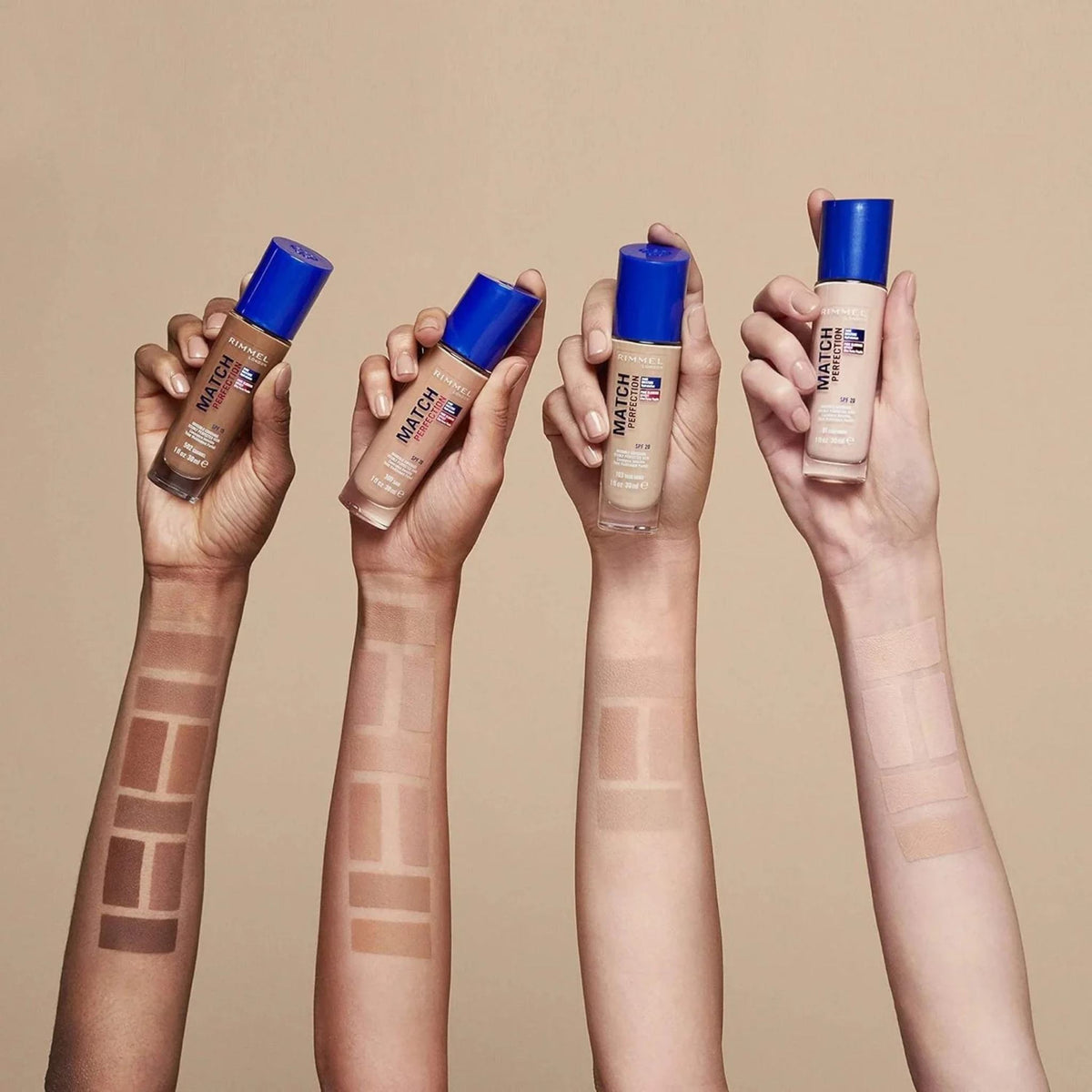 Refect Beauty Rimmel London Match Perfection Foundation bottles held by four arms showing various skin tone swatches