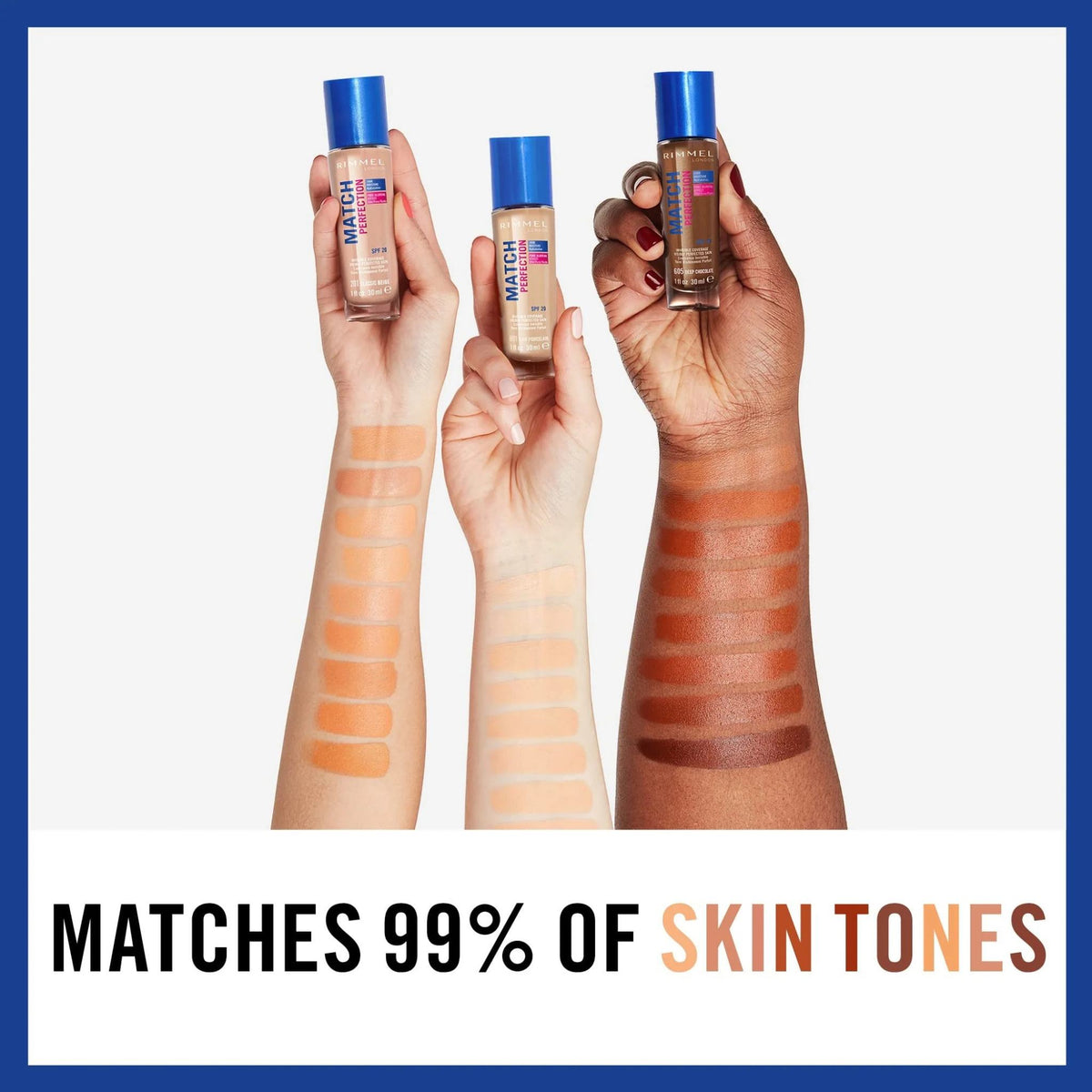 Refect Beauty Rimmel London Match Perfection Foundation bottles held by hands showing various skin tone swatches