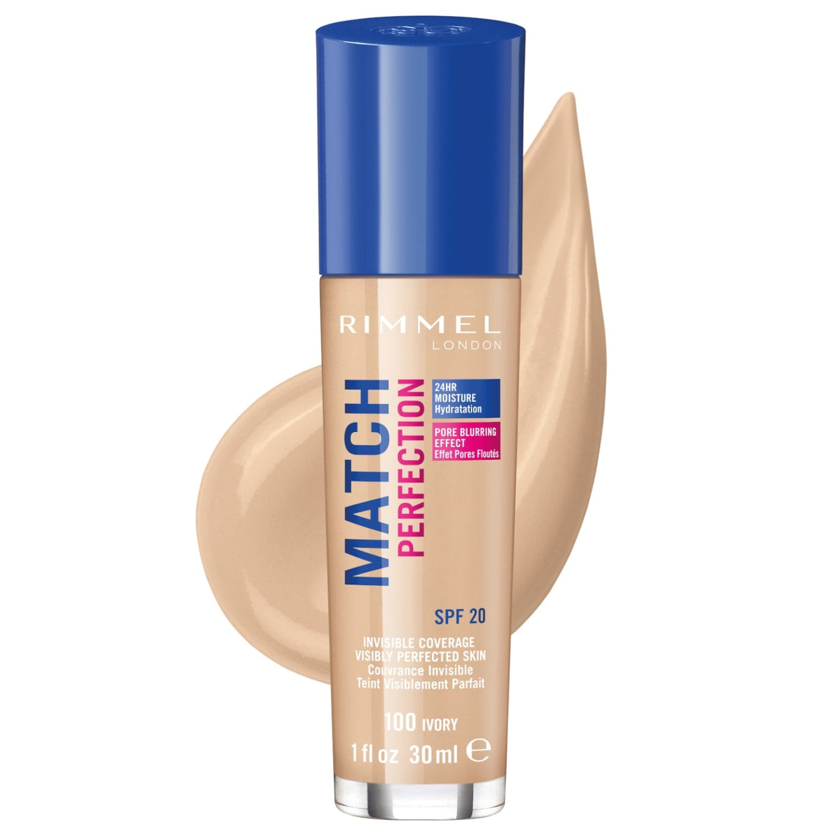 Refect Beauty Rimmel London Match Perfection Foundation in Ivory shade with a blue cap and liquid swatch background