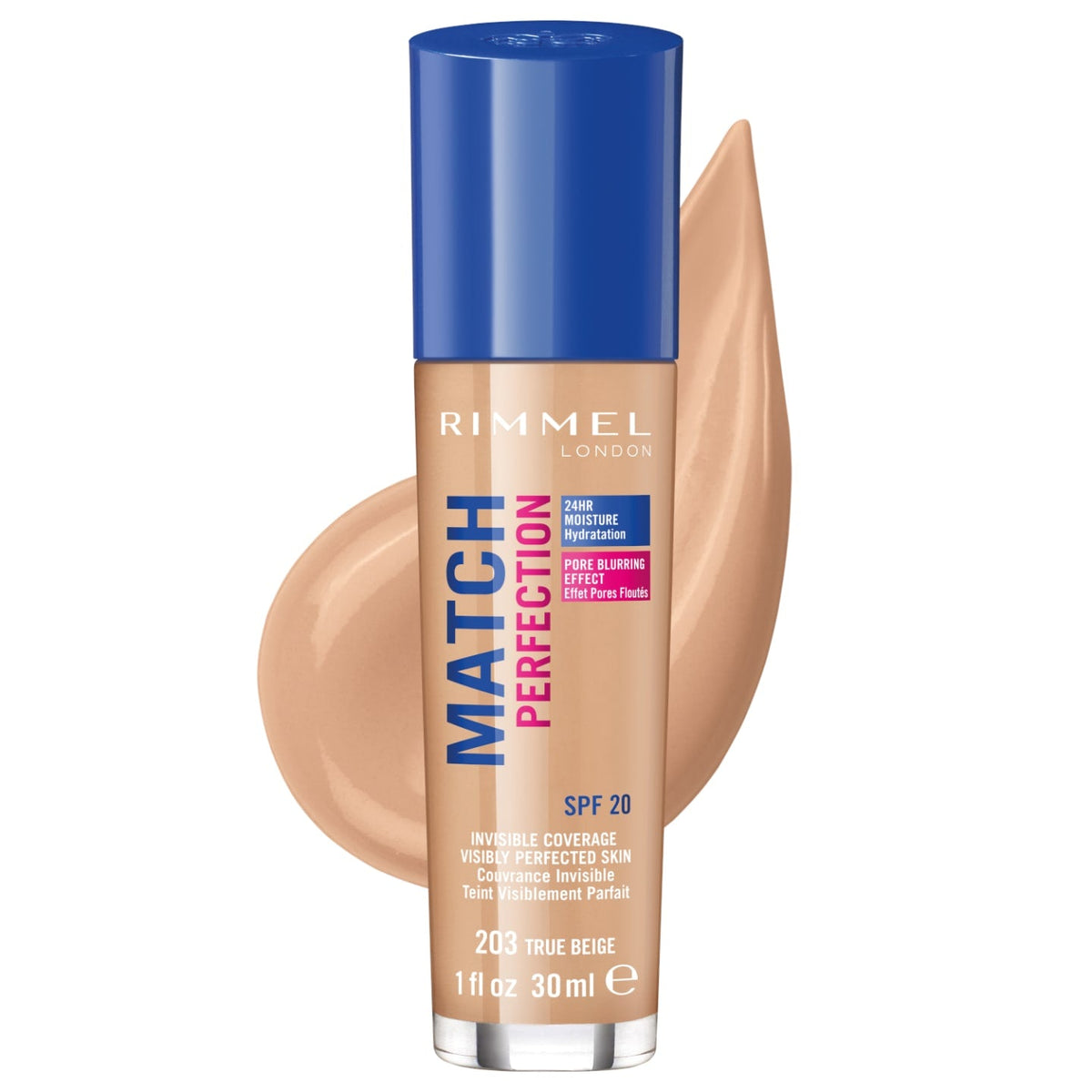 Refect Beauty Rimmel London Match Perfection liquid foundation in shade 203 True Beige with a blue pump cap