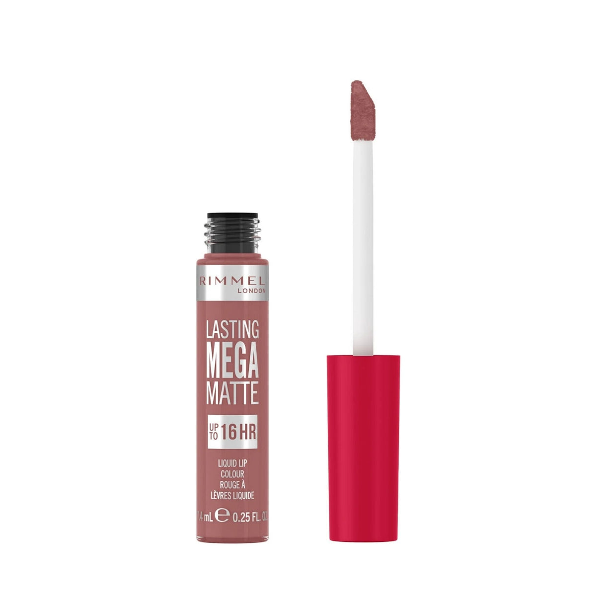 Refect Beauty Rimmel Lasting Mega Matte liquid lipstick in a dusty rose shade with a precision applicator wand.