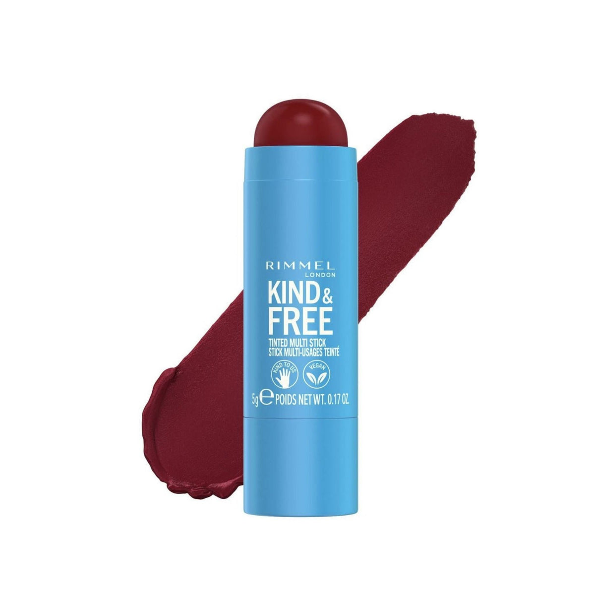 Refect Beauty Rimmel Kind & Free Multi Stick in a deep berry shade with a creamy texture swatch on a white background