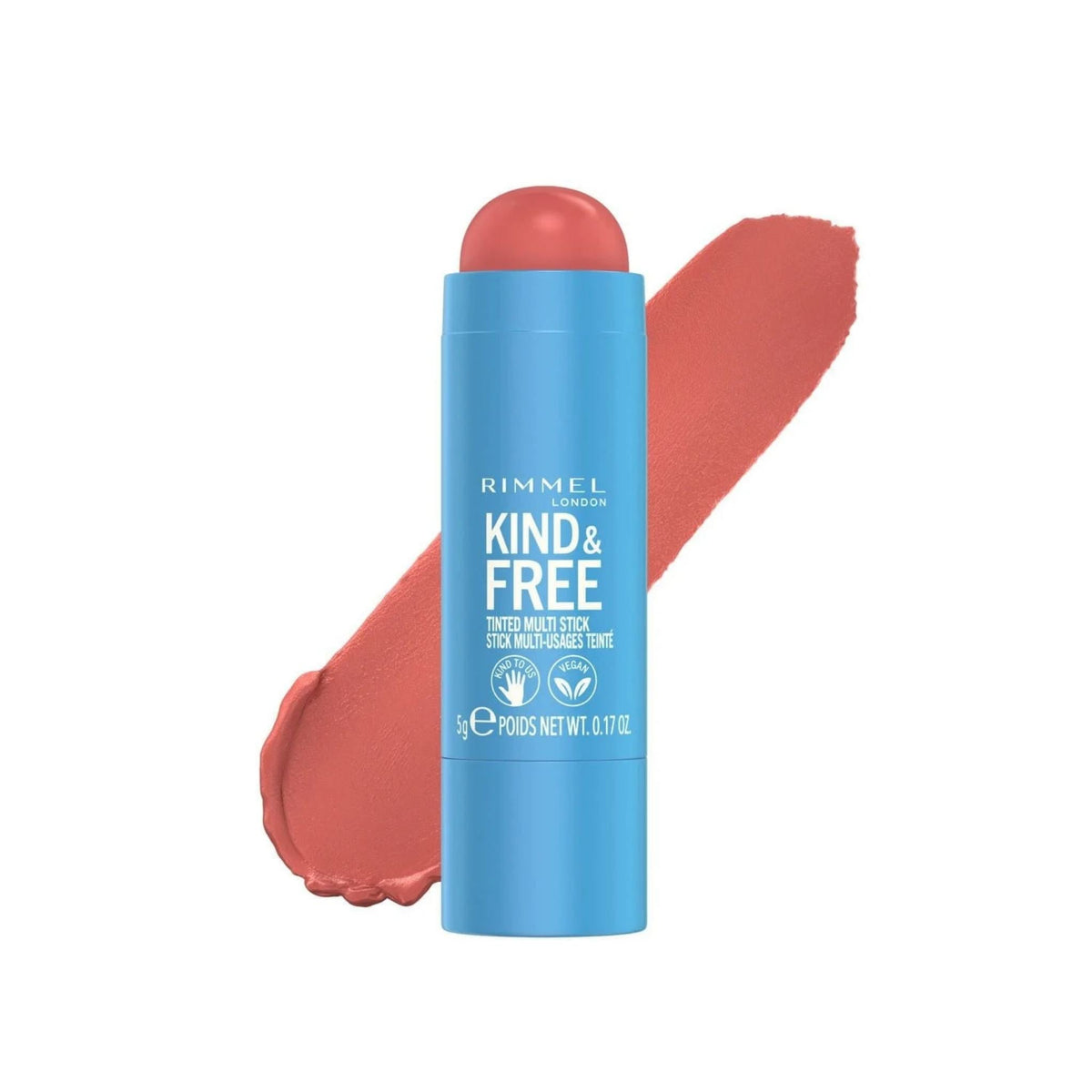 Refect Beauty Rimmel Kind & Free tinted multi stick in a coral shade with a creamy swatch on a white background.
