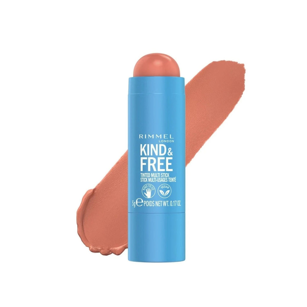 Refect Beauty Rimmel Kind & Free tinted multi stick in a warm peach shade with a creamy swatch on a white background.