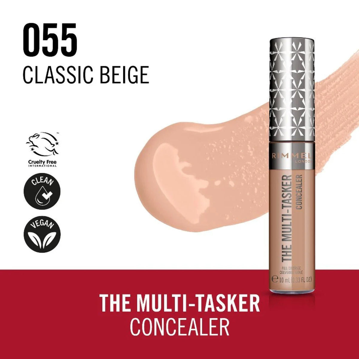 Refect Beauty Rimmel The Multi Tasker Concealer in shade 055 Classic Beige with a swatch of the liquid formula