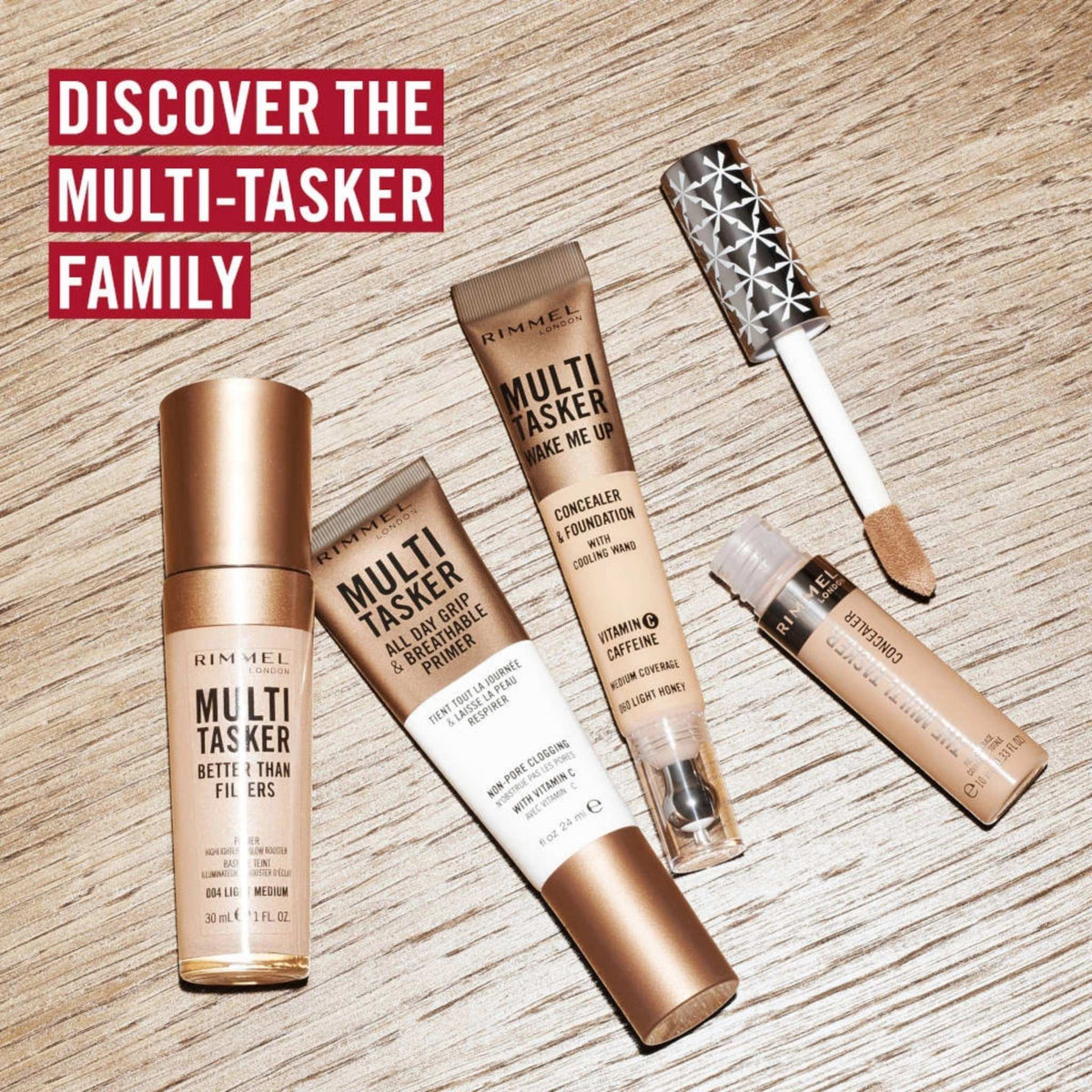 Refect Beauty Rimmel Multi-Tasker makeup collection featuring primer, concealer, and foundation on a wooden surface.