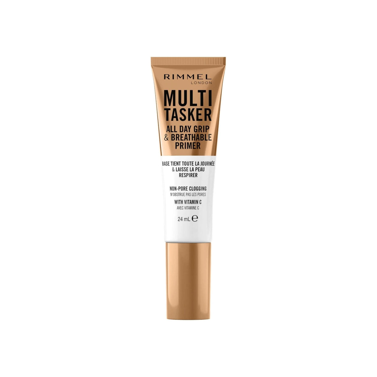 Refect Beauty Rimmel Multi-Tasker breathable gel primer in a bronze and white squeeze tube with Vitamin C.