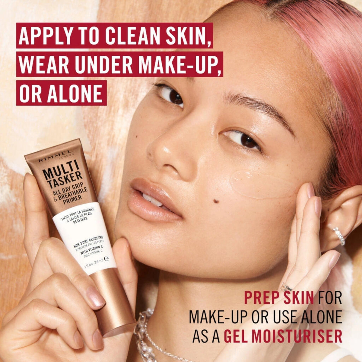 Refect Beauty model applying Rimmel Multi-Tasker gel primer to her face for a hydrated, smooth makeup base.
