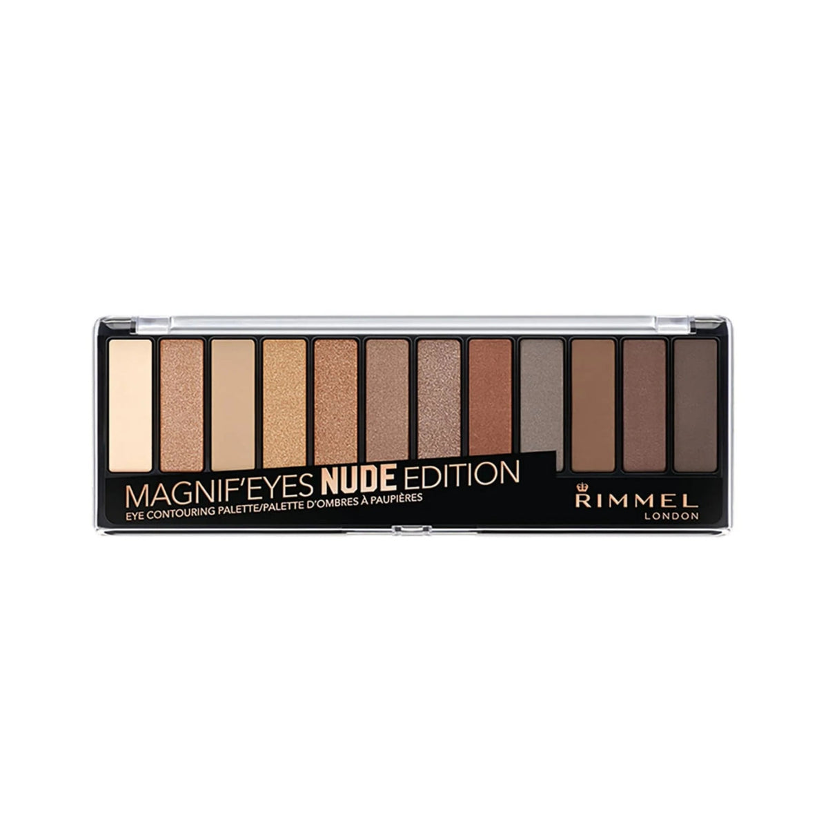 Refect Beauty Rimmel London Magnif'Eyes Nude Edition eyeshadow palette with twelve neutral matte and shimmer shades.