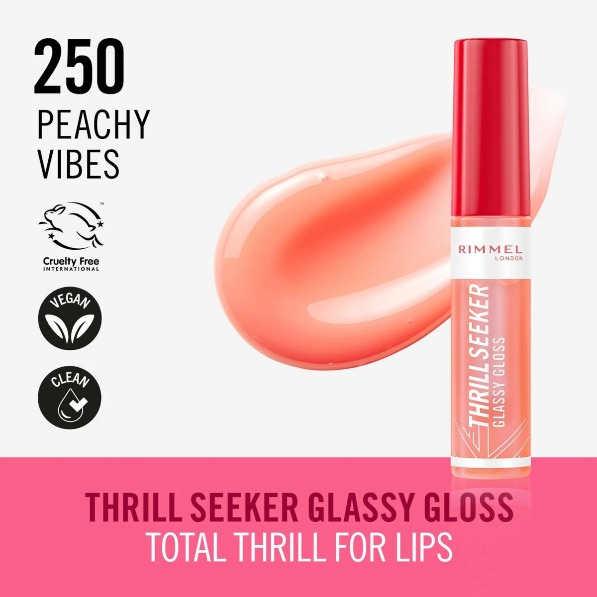 Refect Beauty Rimmel Thrill Seeker Glassy Gloss in Peachy Vibes shade with a high-shine, hydrating vegan formula.