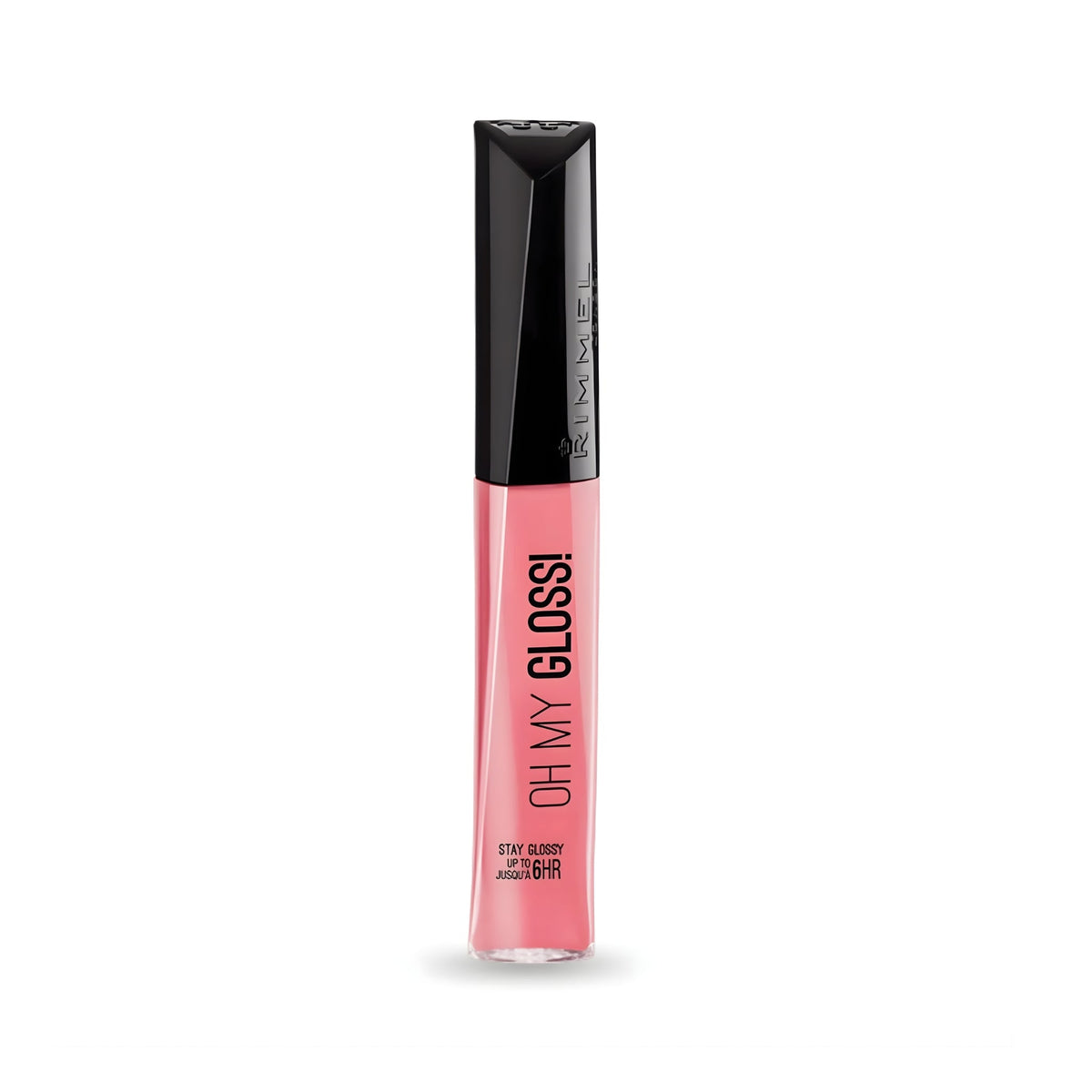 Refect Beauty Rimmel Oh My Gloss! lip gloss in a soft pink shade with a black cap and 3D shine formula.