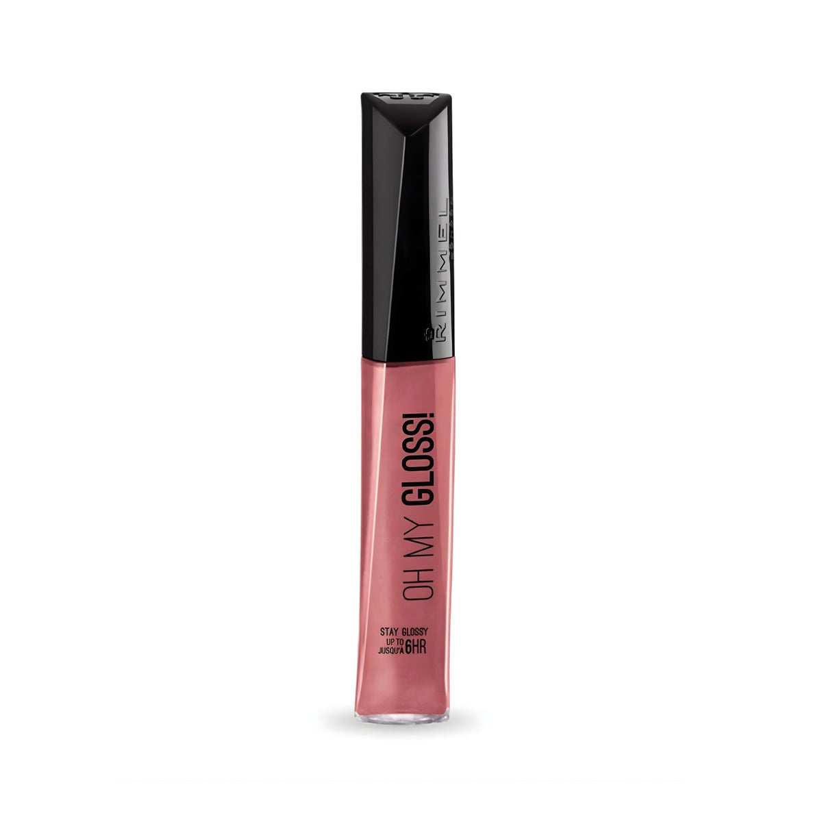 Refect Beauty Rimmel Oh My Gloss! lip gloss in a soft pink shade with a black applicator cap and 3D shine formula.