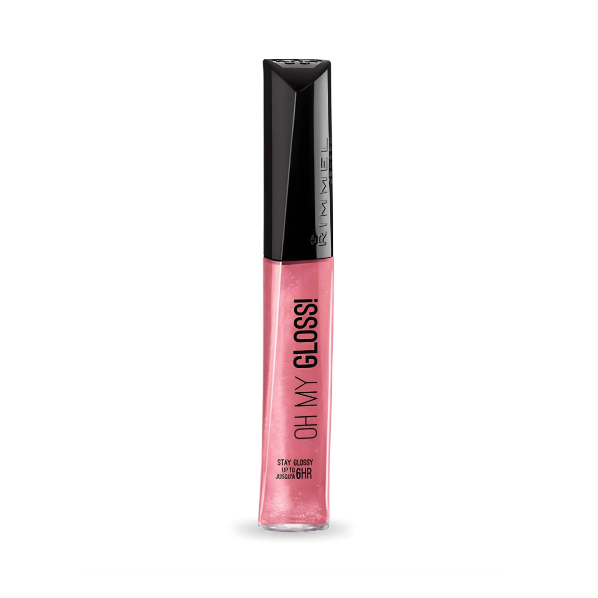 Refect Beauty Rimmel Oh My Gloss! lip gloss in a shimmering pink shade with a black applicator cap