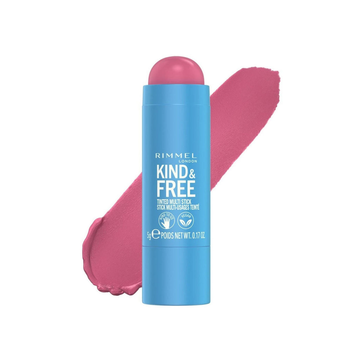 Refect Beauty Rimmel Kind & Free pink tinted multi-stick for lips, cheeks, and eyes with a creamy swatch