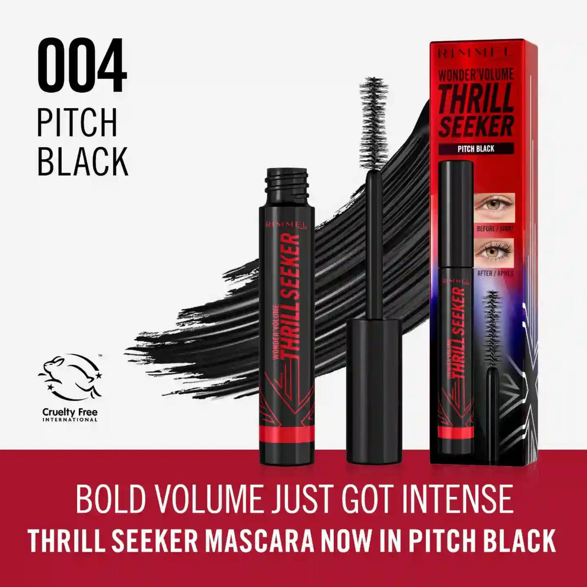 Refect Beauty Rimmel Thrill Seeker Pitch Black mascara tube and fiber brush with before and after lash results