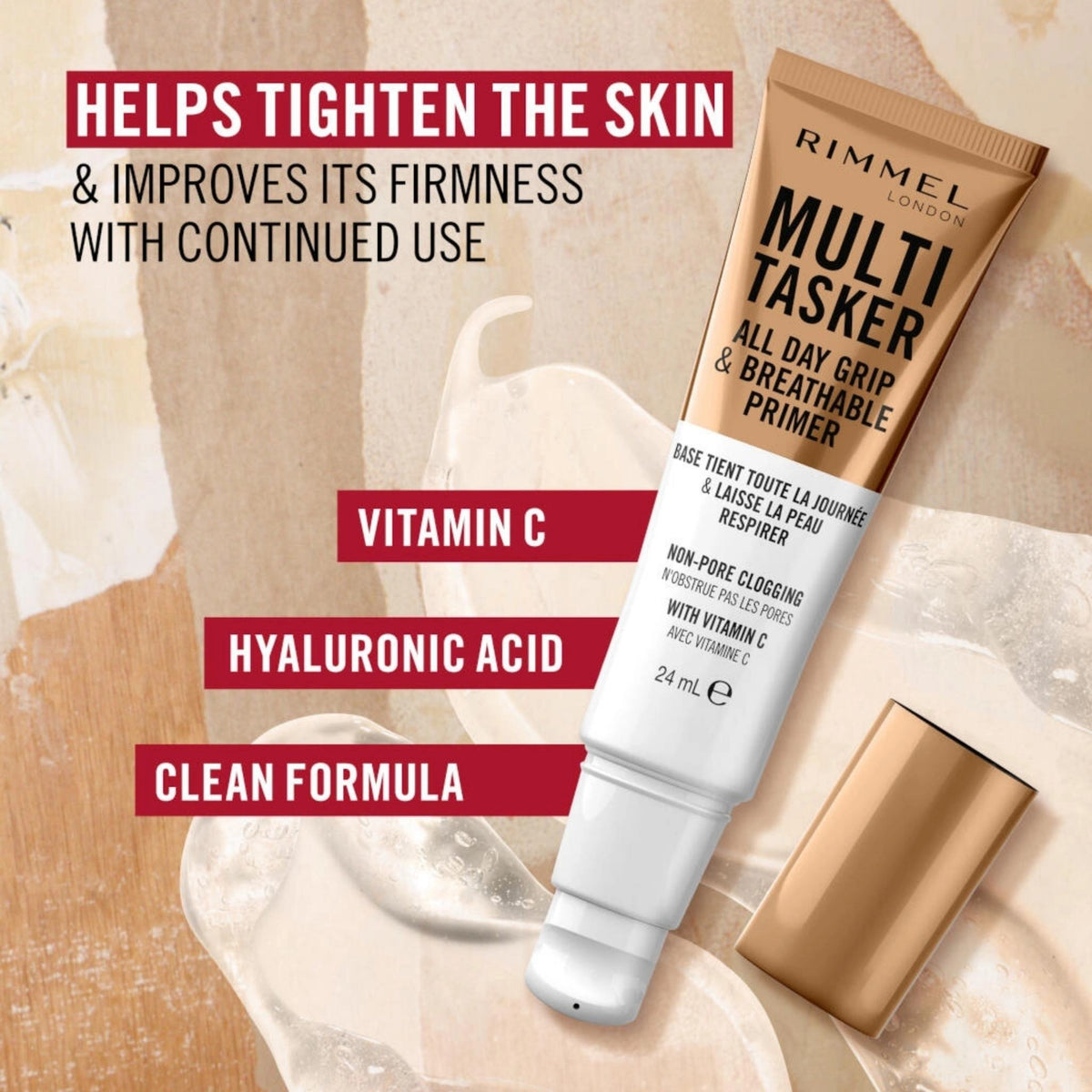 Refect Beauty Rimmel Multi-Tasker primer tube with Vitamin C and Hyaluronic Acid for a smooth, hydrated makeup base.