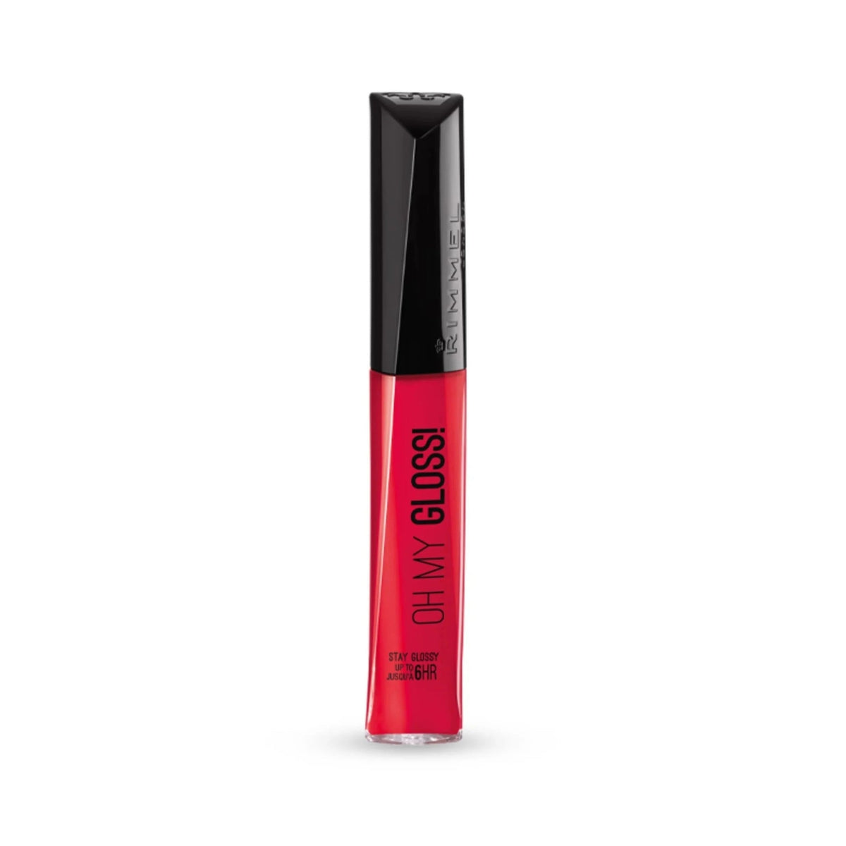 Refect Beauty Rimmel Oh My Gloss! lip gloss in a vibrant red shade with a black cap and 3D shine finish.