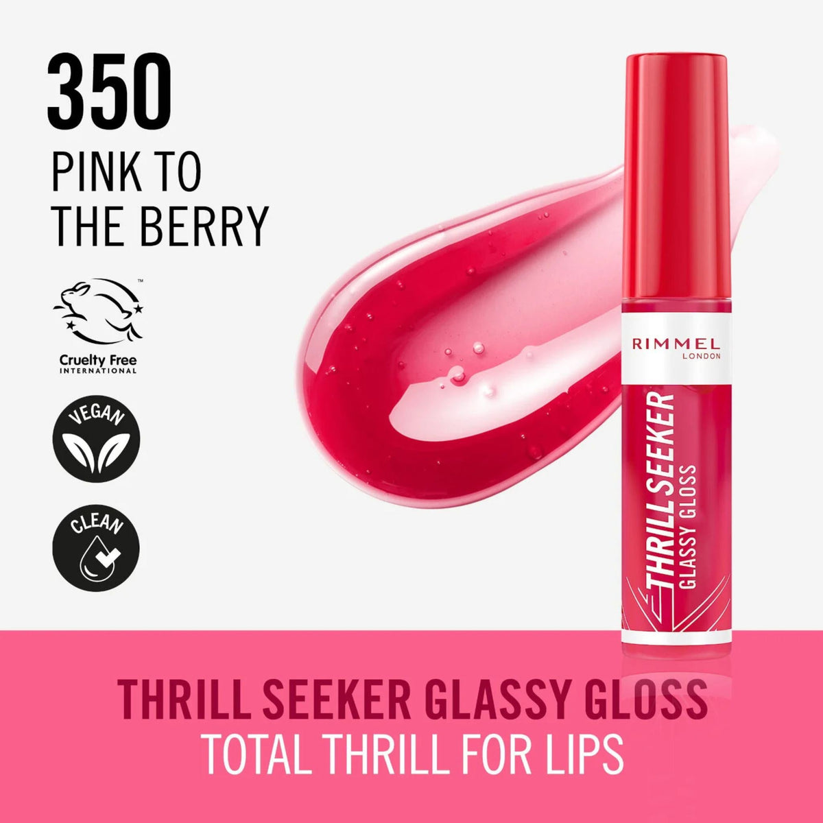 Refect Beauty Rimmel Thrill Seeker Glassy Gloss in Pink to the Berry shade with a high-shine, hydrating finish.