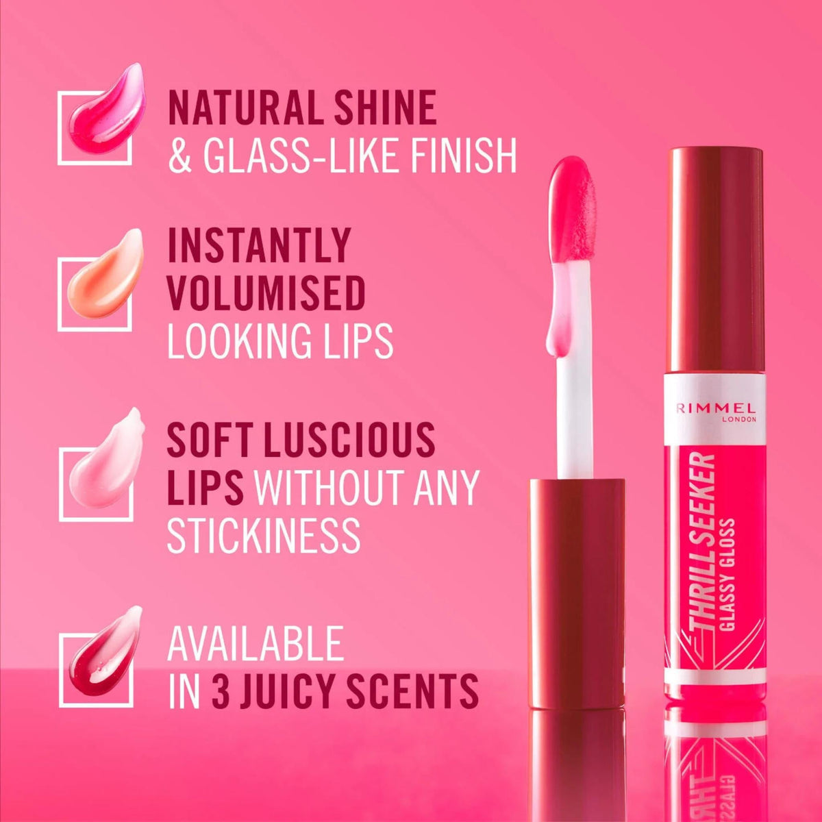 Refect Beauty Rimmel Thrill Seeker Glassy Gloss with doe-foot applicator showing high-shine pink lip gloss texture