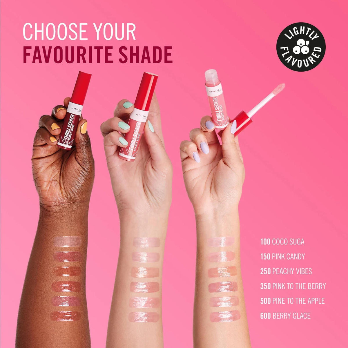 Refect Beauty Rimmel Thrill Seeker Glassy Gloss shades displayed on different skin tones with doe-foot applicators