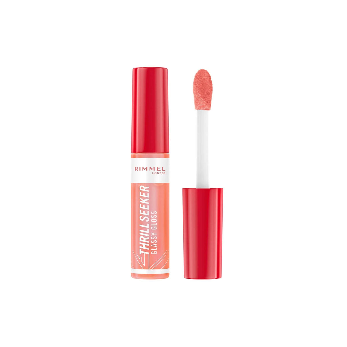 Refect Beauty Rimmel Thrill Seeker Glassy Gloss in a coral shade with a doe-foot applicator and high-shine finish.