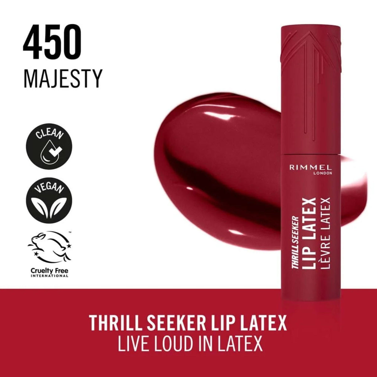 Refect Beauty Rimmel London Thrill Seeker Lip Latex in 450 Majesty, a deep red liquid lipstick with high-shine finish.